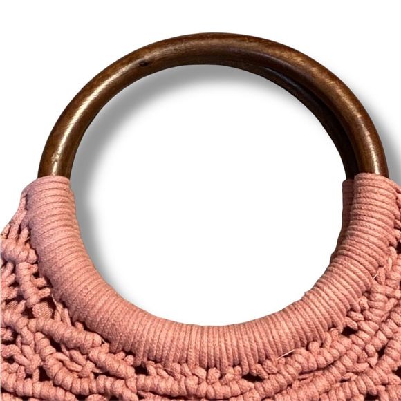 Sigrid Olsen Handmade Macrame Handbag Bamboo Handles Cotton Boho Hippie Peach/Pi - Picture 2 of 9